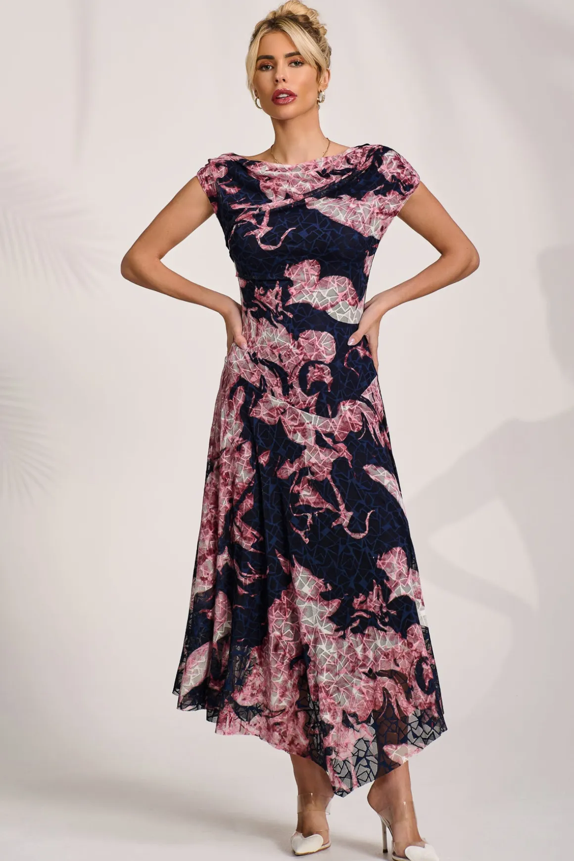 Asymmetric Draped Print Lace Maxi Dress, Pink Abstract