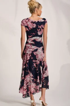 Asymmetric Draped Print Lace Maxi Dress, Pink Abstract