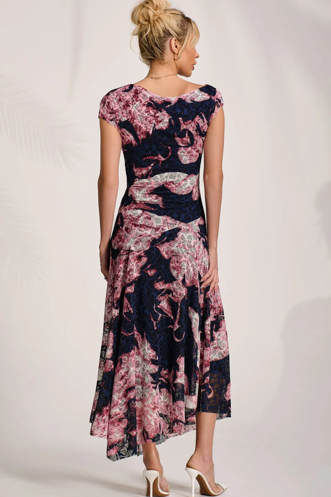 Asymmetric Draped Print Lace Maxi Dress, Pink Abstract