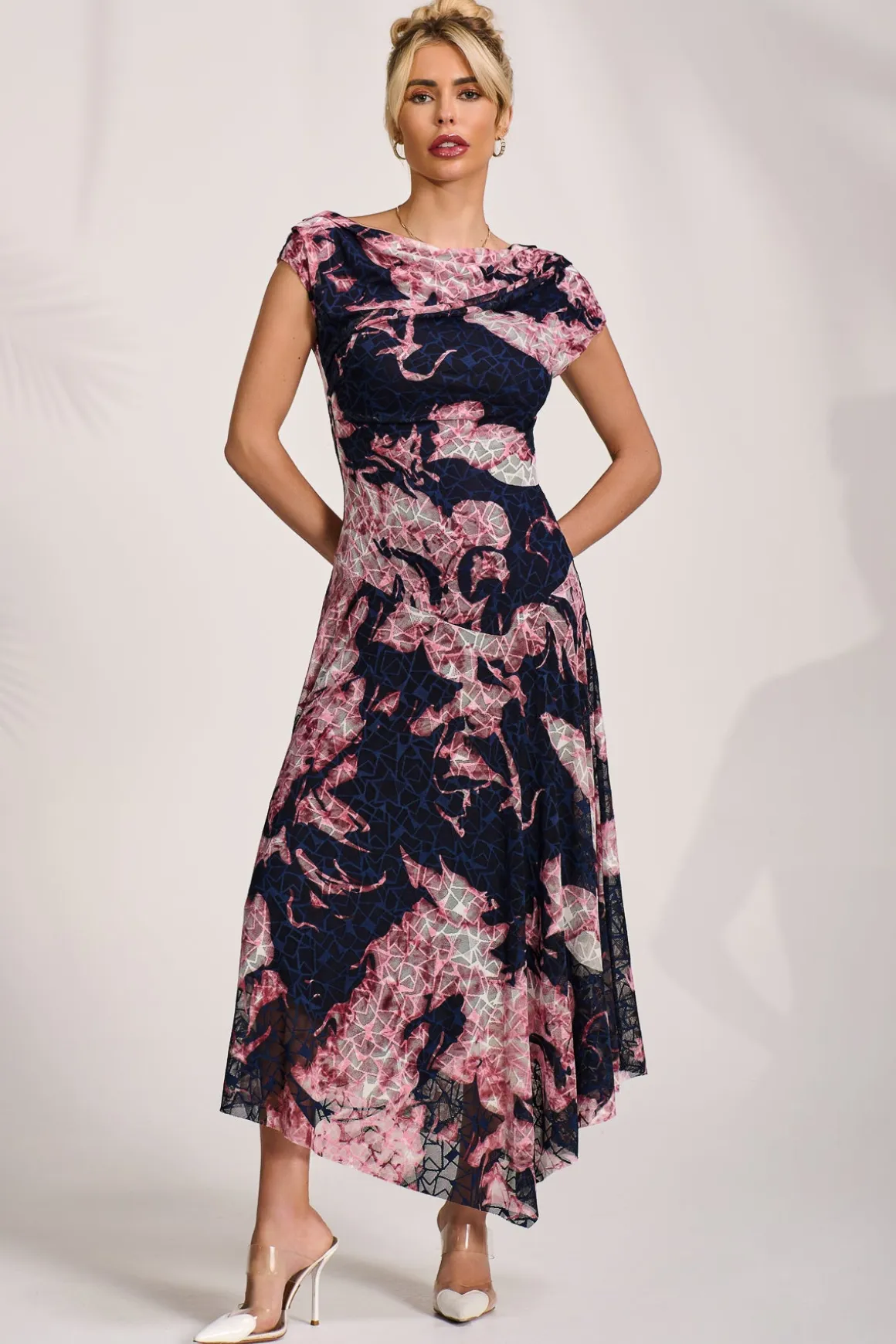 Asymmetric Draped Print Lace Maxi Dress, Pink Abstract