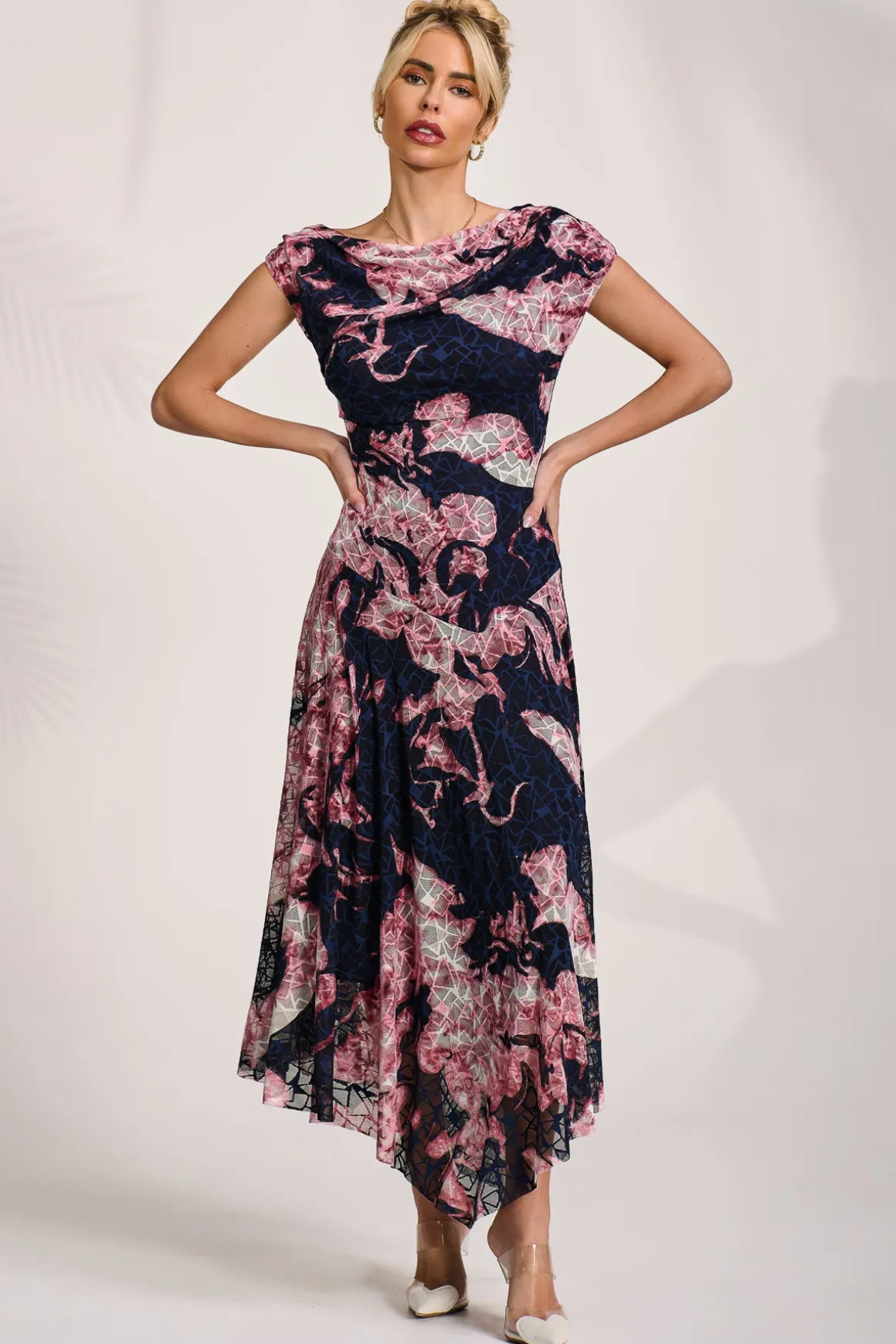 Asymmetric Draped Print Lace Maxi Dress, Pink Abstract