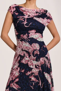 Asymmetric Draped Print Lace Maxi Dress, Pink Abstract
