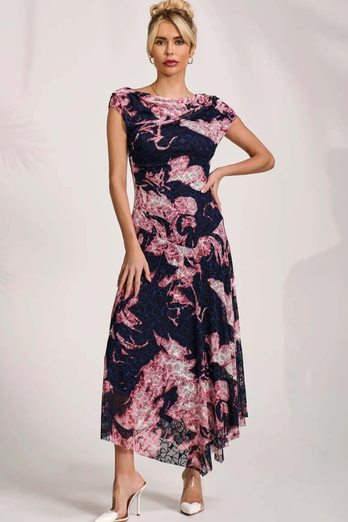 Asymmetric Draped Print Lace Maxi Dress, Pink Abstract