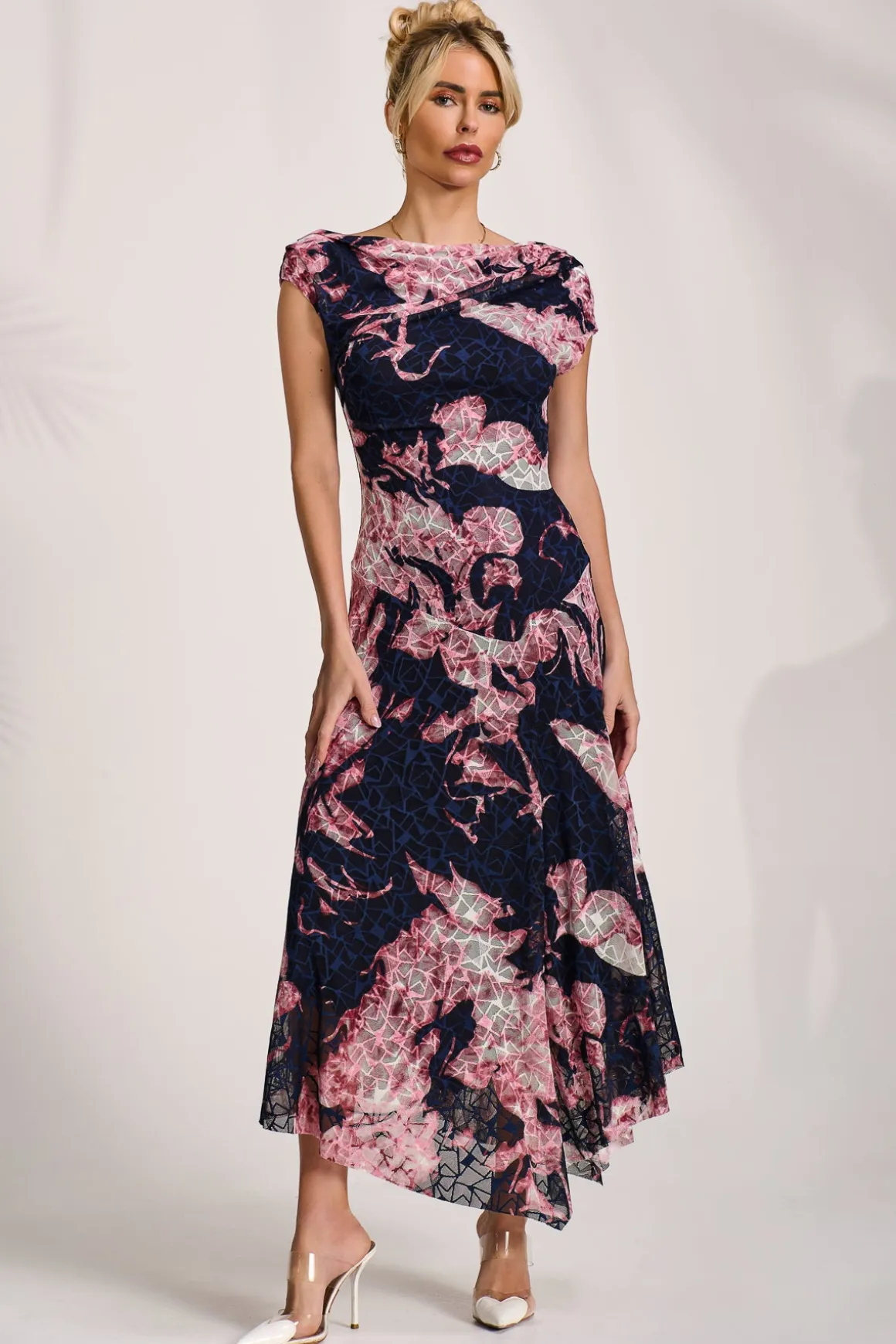 Asymmetric Draped Print Lace Maxi Dress, Pink Abstract