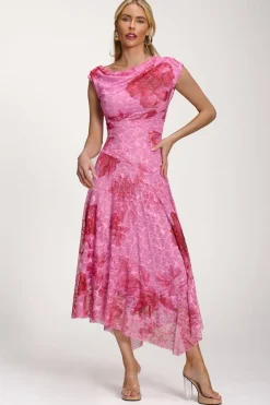 Asymmetric Draped Print Lace Maxi Dress, Pink Floral