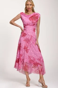 Asymmetric Draped Print Lace Maxi Dress, Pink Floral