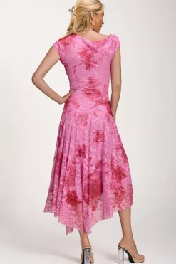 Asymmetric Draped Print Lace Maxi Dress, Pink Floral