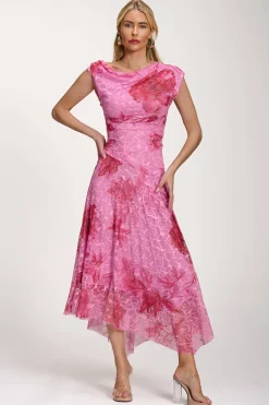 Asymmetric Draped Print Lace Maxi Dress, Pink Floral