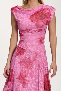 Asymmetric Draped Print Lace Maxi Dress, Pink Floral