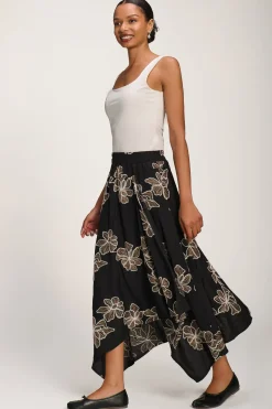 Asymmetric Embroidered Midi Skirt, Black