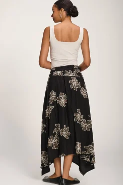 Asymmetric Embroidered Midi Skirt, Black
