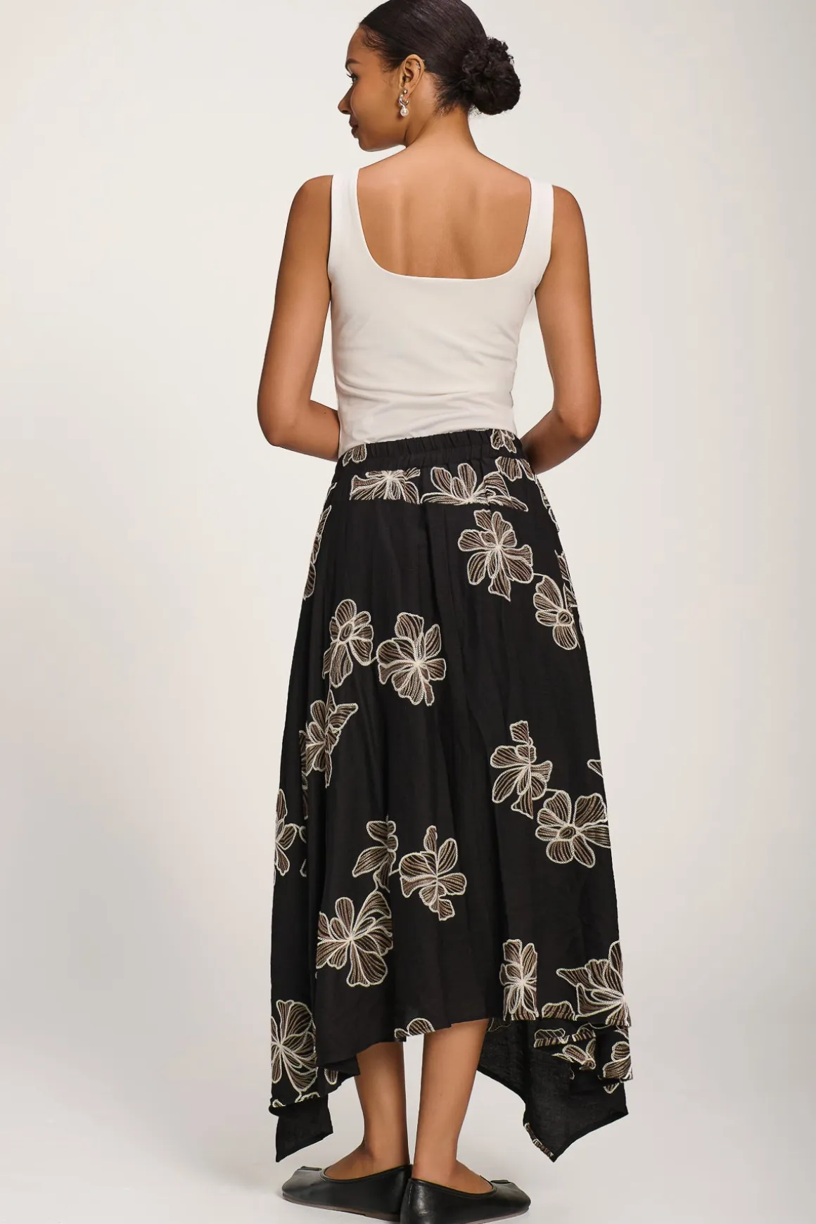 Asymmetric Embroidered Midi Skirt, Black