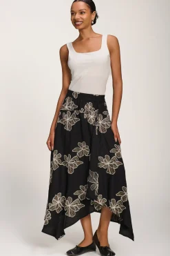 Asymmetric Embroidered Midi Skirt, Black