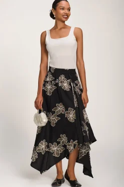 Asymmetric Embroidered Midi Skirt, Black