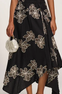 Asymmetric Embroidered Midi Skirt, Black