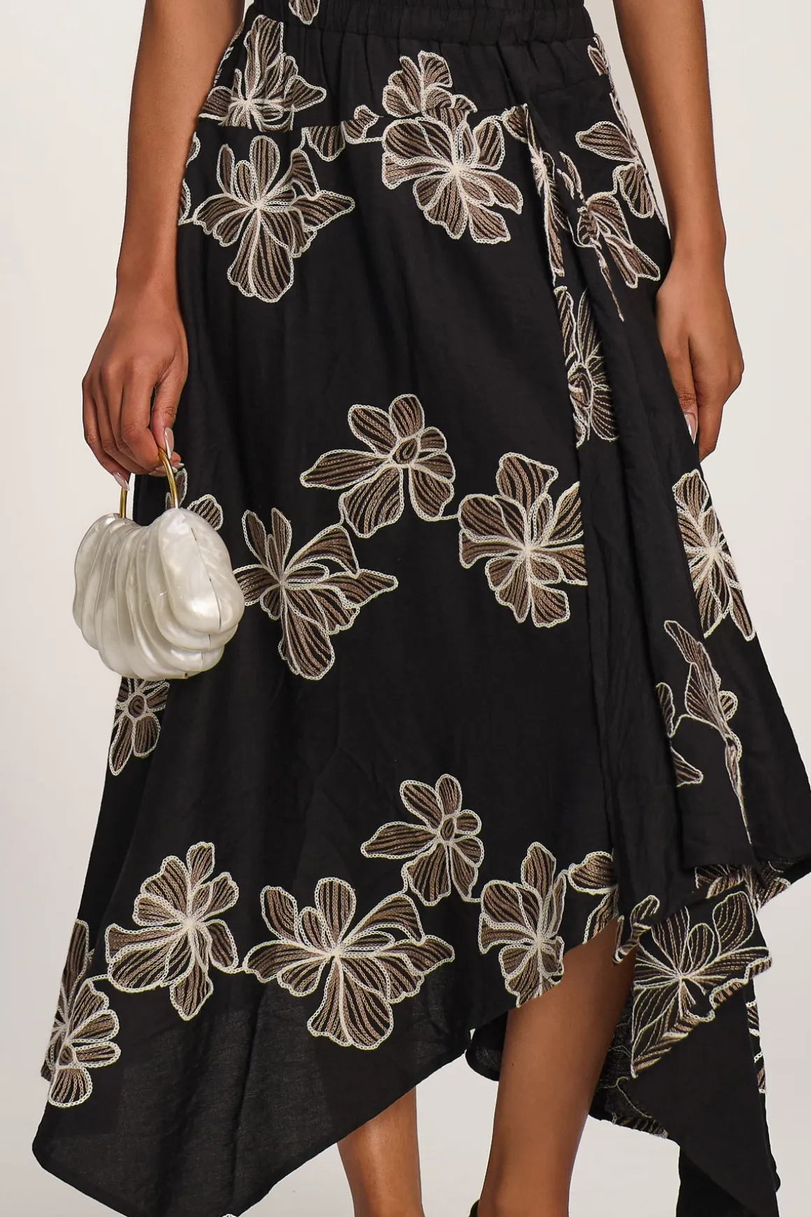 Asymmetric Embroidered Midi Skirt, Black