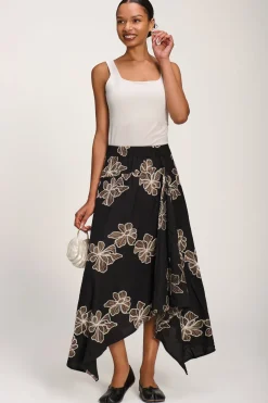 Asymmetric Embroidered Midi Skirt, Black