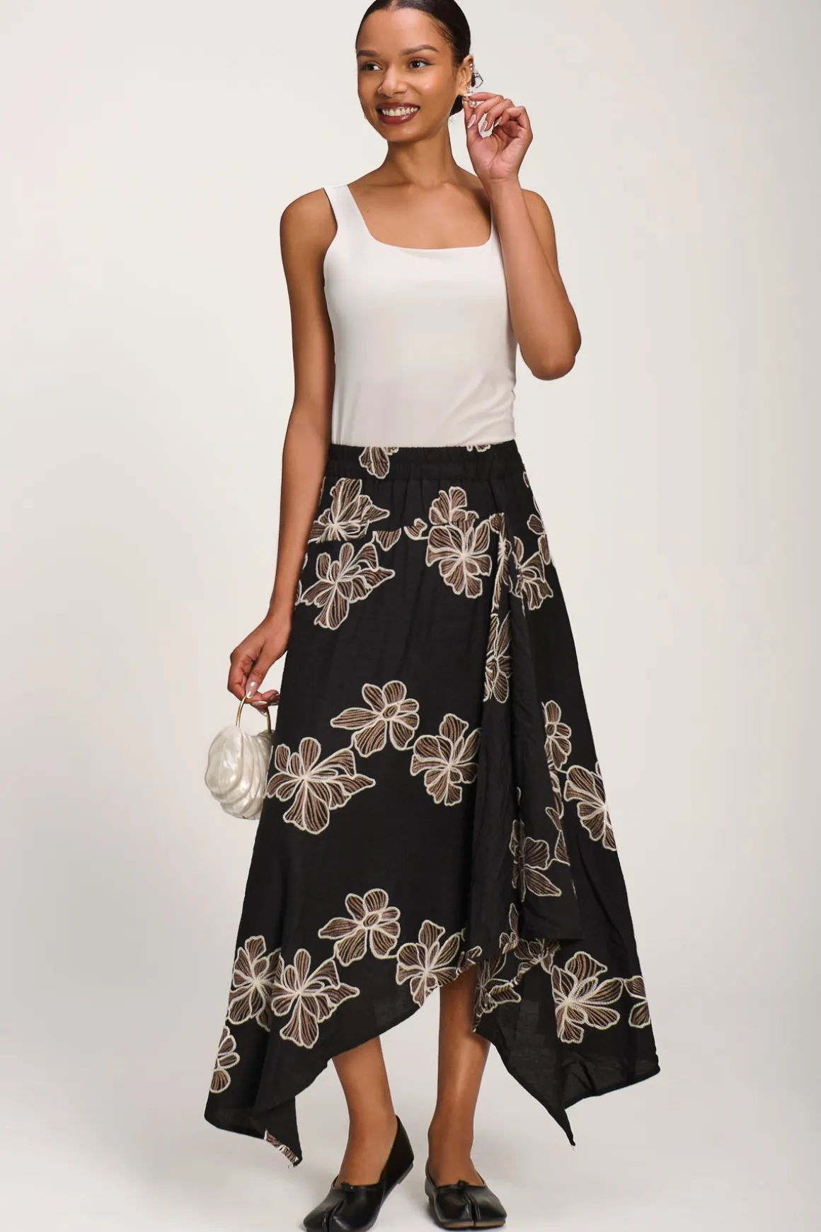 Asymmetric Embroidered Midi Skirt, Black