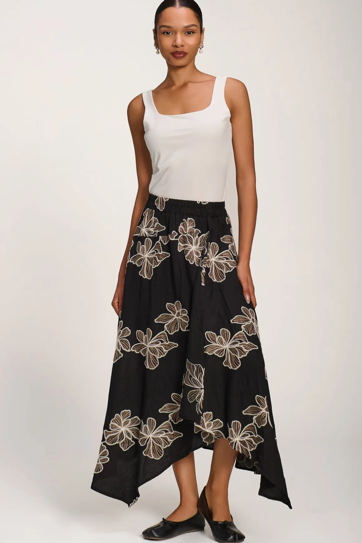 Asymmetric Embroidered Midi Skirt, Black