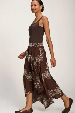 Asymmetric Embroidered Midi Skirt, Cocoa Brown