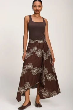 Asymmetric Embroidered Midi Skirt, Cocoa Brown