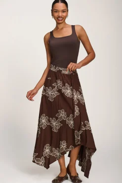 Asymmetric Embroidered Midi Skirt, Cocoa Brown