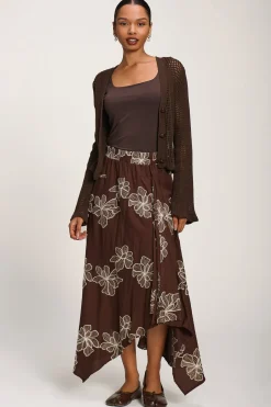 Asymmetric Embroidered Midi Skirt, Cocoa Brown