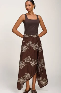 Asymmetric Embroidered Midi Skirt, Cocoa Brown