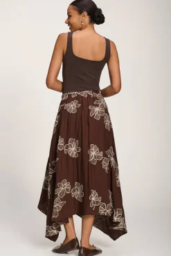 Asymmetric Embroidered Midi Skirt, Cocoa Brown