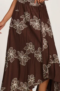 Asymmetric Embroidered Midi Skirt, Cocoa Brown