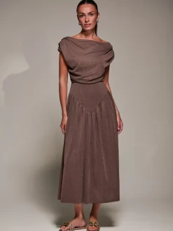 Asymmetric Neckline Midaxi Dress, Brown