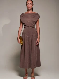 Asymmetric Neckline Midaxi Dress, Brown