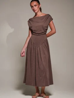 Asymmetric Neckline Midaxi Dress, Brown