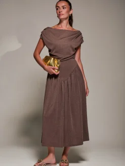 Asymmetric Neckline Midaxi Dress, Brown