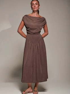 Asymmetric Neckline Midaxi Dress, Brown