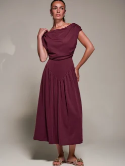 Asymmetric Neckline Midaxi Dress, Burgundy