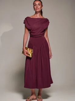 Asymmetric Neckline Midaxi Dress, Burgundy