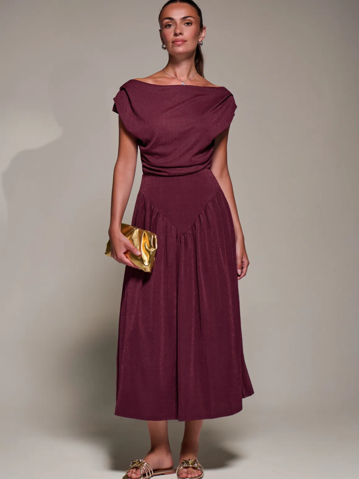 Asymmetric Neckline Midaxi Dress, Burgundy