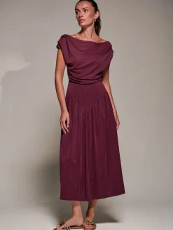 Asymmetric Neckline Midaxi Dress, Burgundy