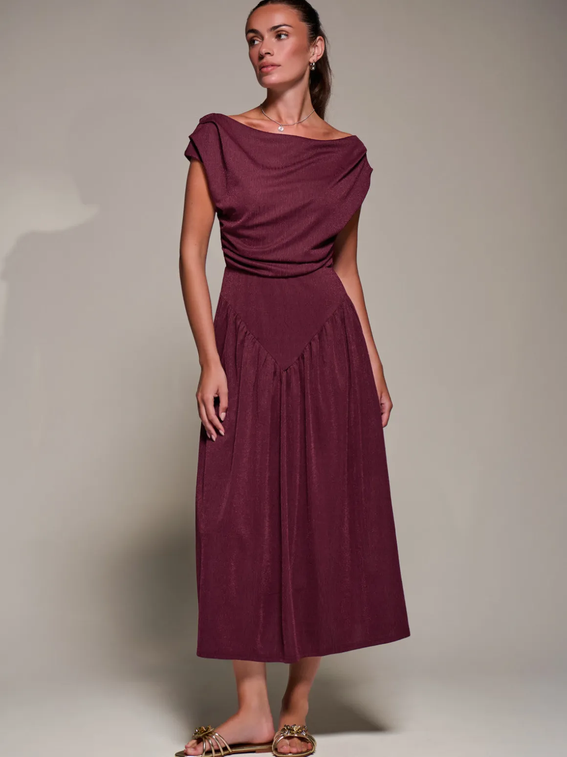Asymmetric Neckline Midaxi Dress, Burgundy