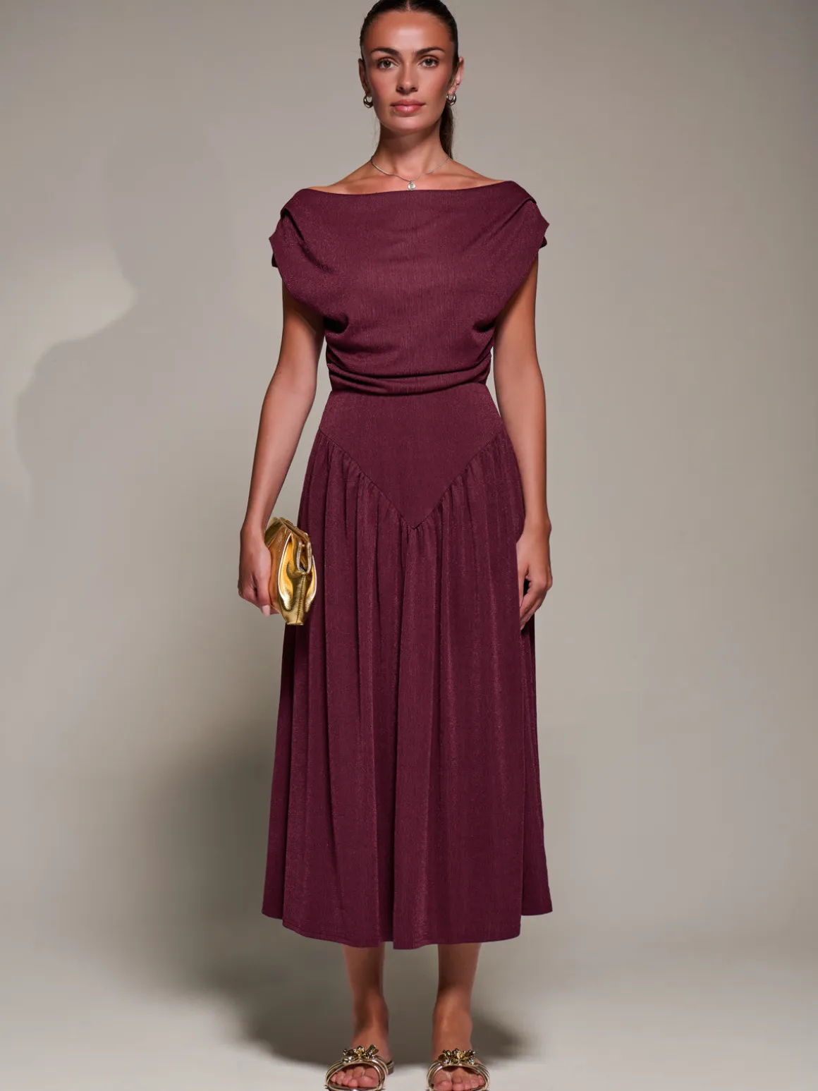 Asymmetric Neckline Midaxi Dress, Burgundy