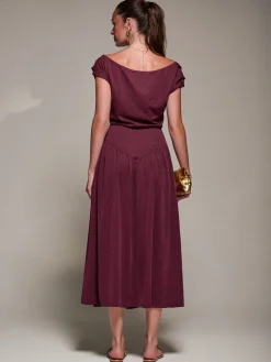 Asymmetric Neckline Midaxi Dress, Burgundy