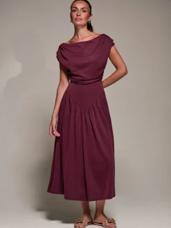 Asymmetric Neckline Midaxi Dress, Burgundy