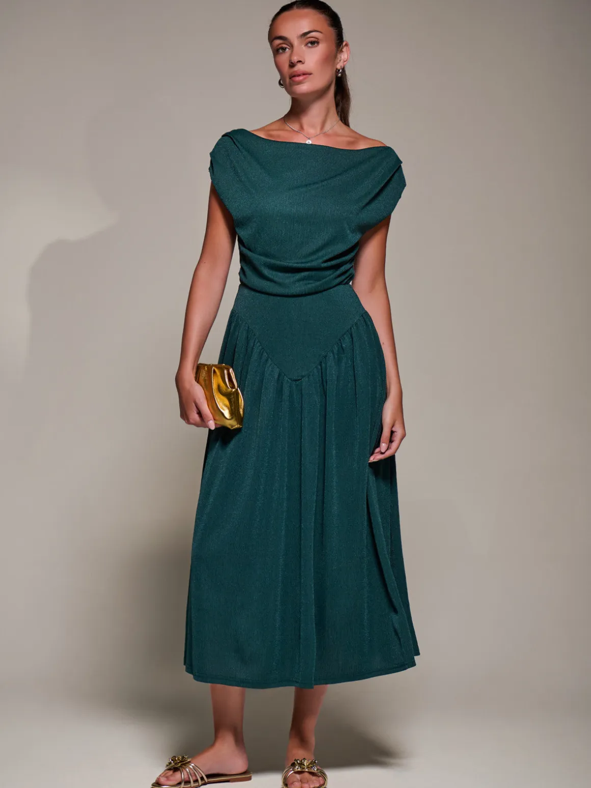 Asymmetric Neckline Midaxi Dress, Dark Green