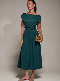 Asymmetric Neckline Midaxi Dress, Dark Green