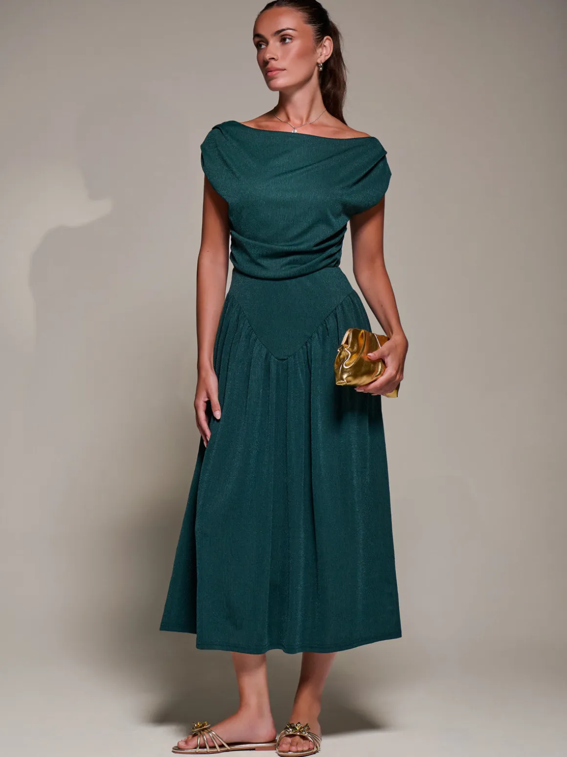 Asymmetric Neckline Midaxi Dress, Dark Green
