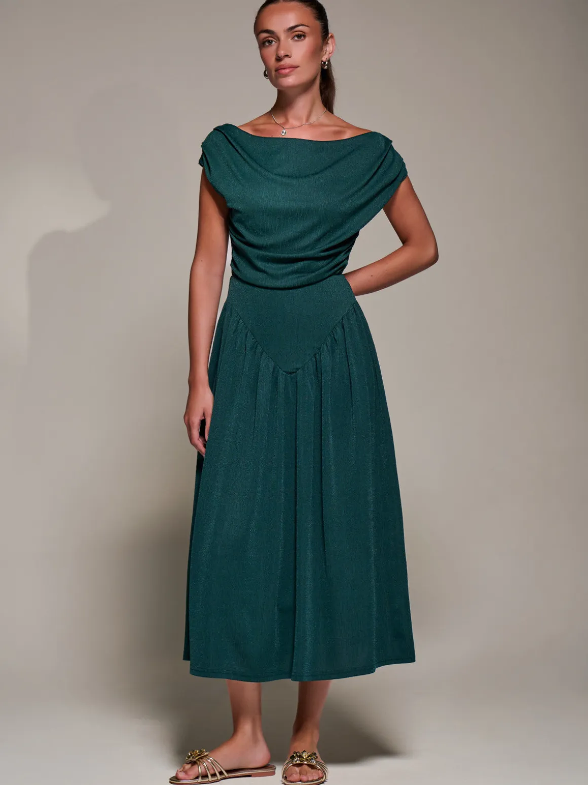 Asymmetric Neckline Midaxi Dress, Dark Green