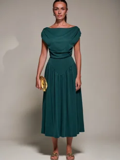 Asymmetric Neckline Midaxi Dress, Dark Green