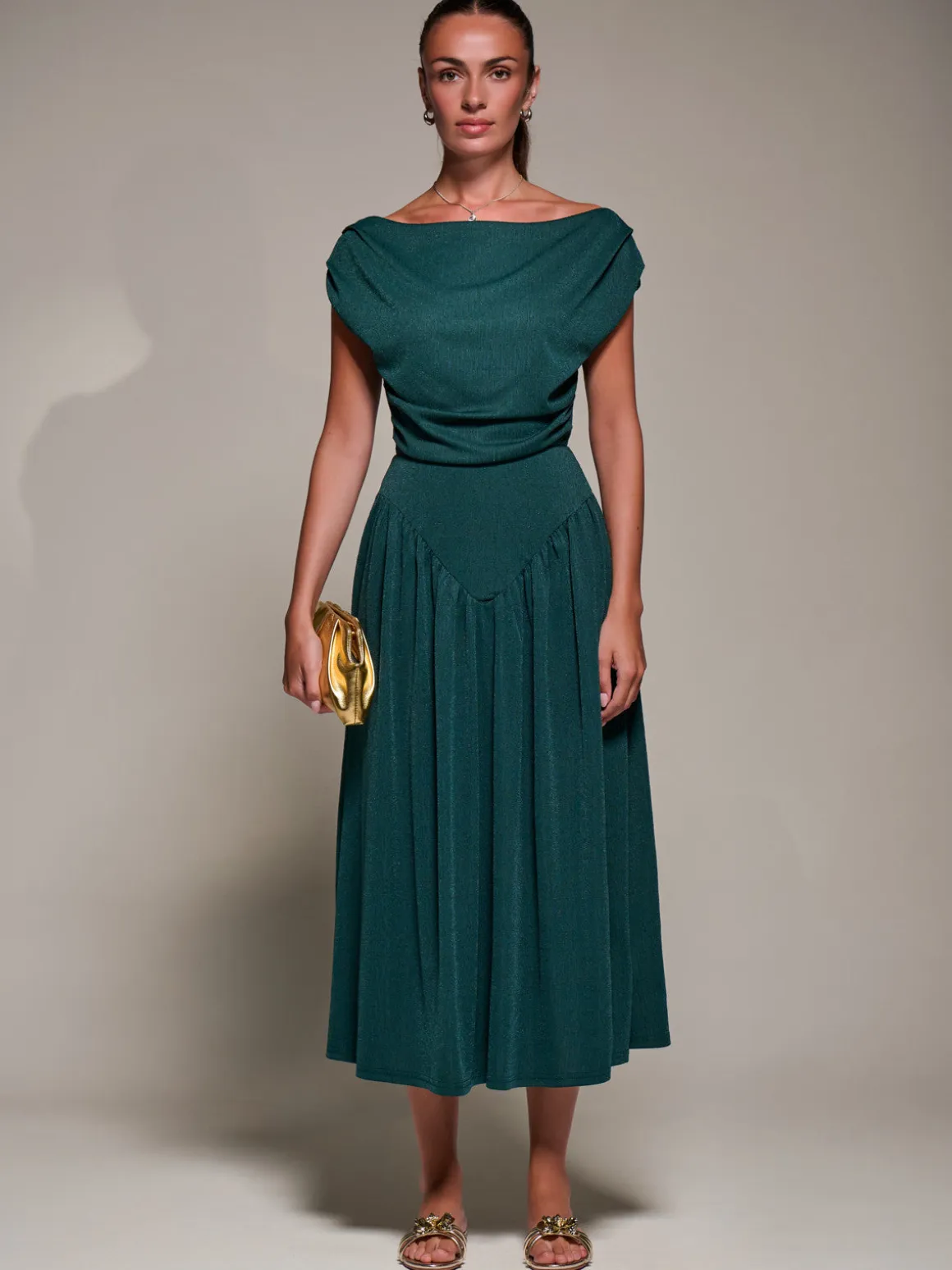 Asymmetric Neckline Midaxi Dress, Dark Green