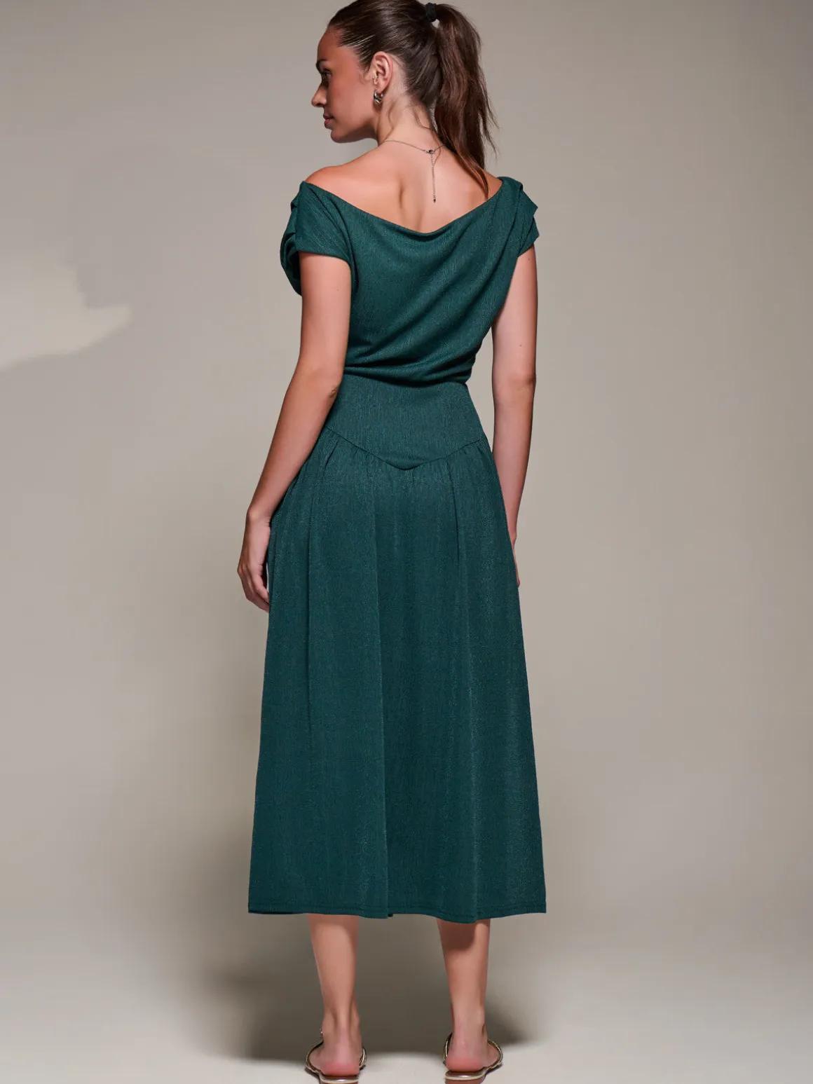 Asymmetric Neckline Midaxi Dress, Dark Green